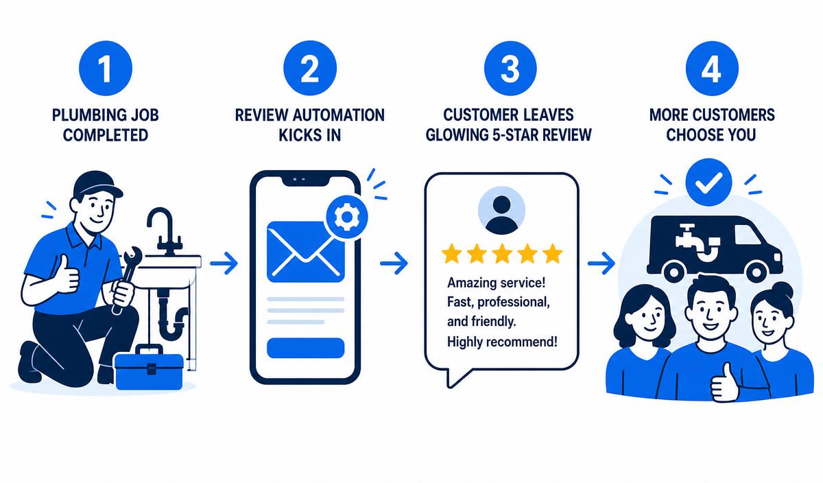 Four steps: plumbing job completed, review automation kicks in, customer leaves a glowing review, more customers choose you